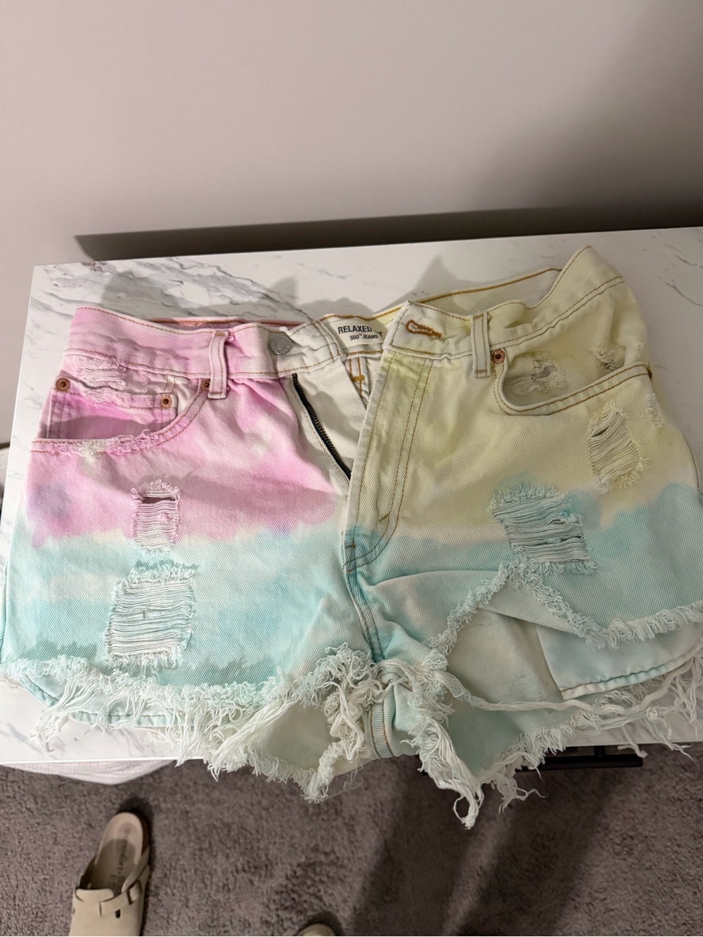 Levi's Pastel Tie-Dye Distressed Denim Shorts - Pink, Yellow, Blue